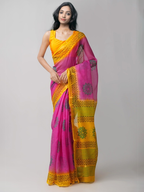 

Unnati Silks Pink & Yellow Ethnic Motifs Printed Pure Cotton Kota Handloom Saree
