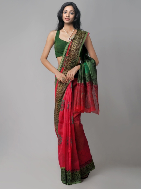 

Unnati Silks Red & Green Ethnic Motifs Net Block Print Saree