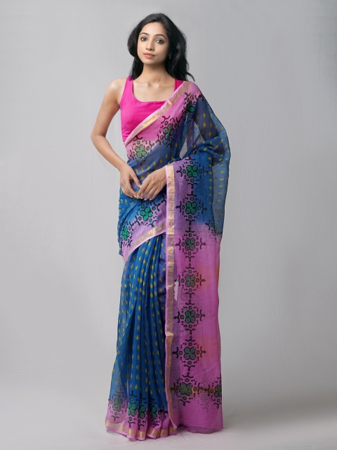 

Unnati Silks Blue & Pink Block Printed Handloom Sustainable Pure Cotton Kota Saree