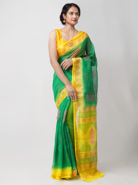 

Unnati Silks Green & Yellow Ethnic Motifs Pure Cotton Kota Saree