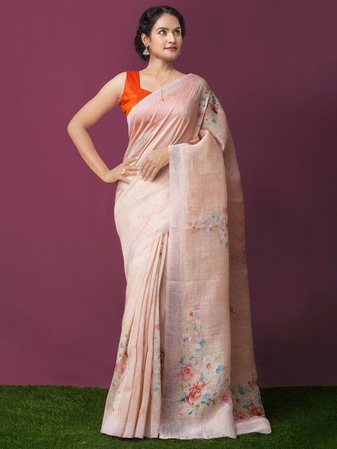 

Unnati Silks Peach-Coloured & Green Ethnic Motifs Silk Cotton Chanderi Saree