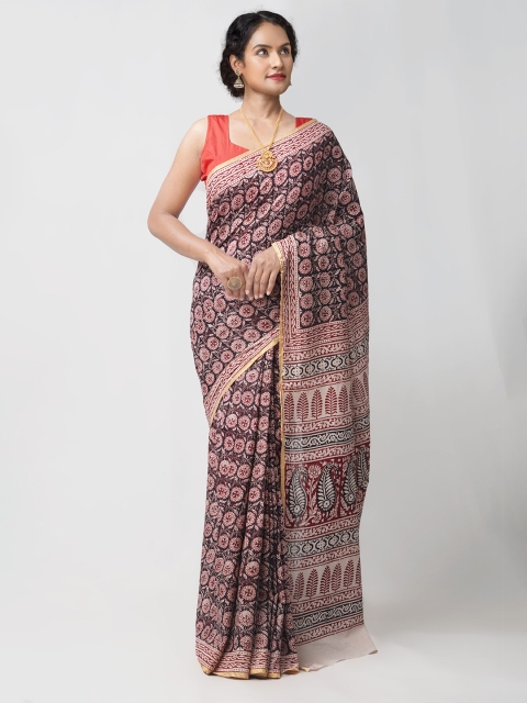 

Unnati Silks Black & Maroon Floral Pure Cotton Venkatgiri Saree