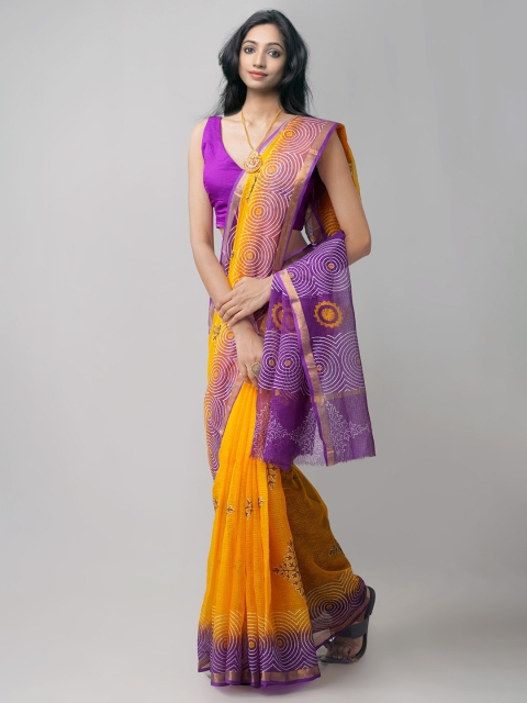 

Unnati Silks Yellow & Purple Ethnic Motifs Pure Cotton Kota Saree