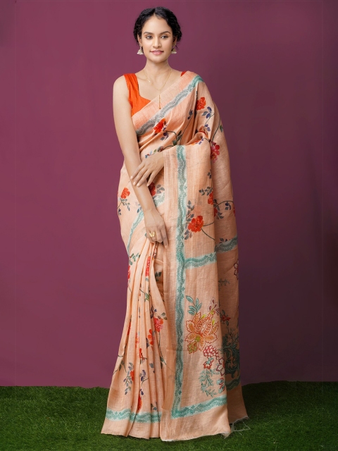 

Unnati Silks Peach-Coloured & Green Floral Silk Cotton Chanderi Saree