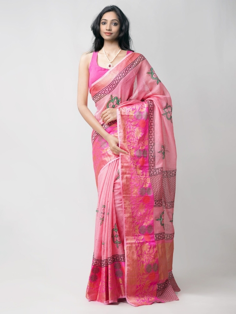 

Unnati Silks Pink & Green Ethnic Motifs Pure Cotton Handloom Kota Saree