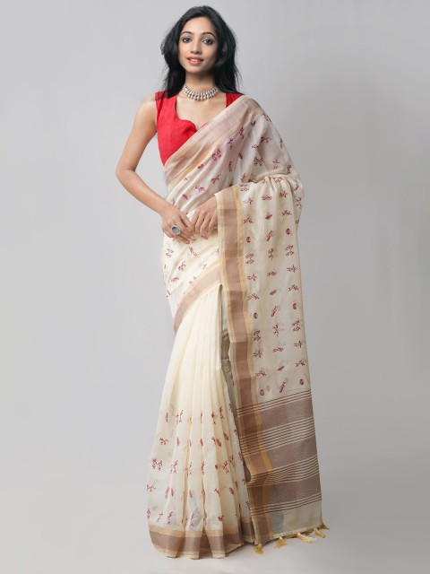 

Unnati Silks Cream-Toned Embroidered Sarees