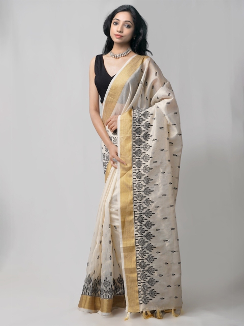 

Unnati Silks Cream-Coloured & Black Ethnic Motifs Zari Tissue Banarasi Saree
