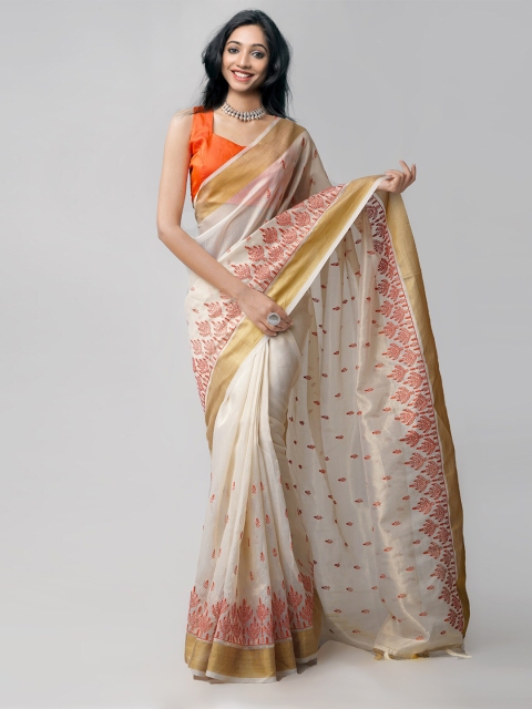 

Unnati Silks Cream-Toned Ethnic Motifs Embroidered Saree