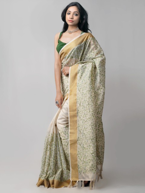 

Unnati Silks Cream-Coloured & Gold-Toned Ethnic Motifs Zari Tissue Banarasi Saree