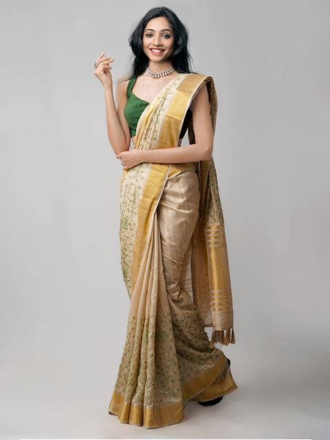 

Unnati Silks Brown & Green Embroidered Zari Silk Blend Tussar Saree