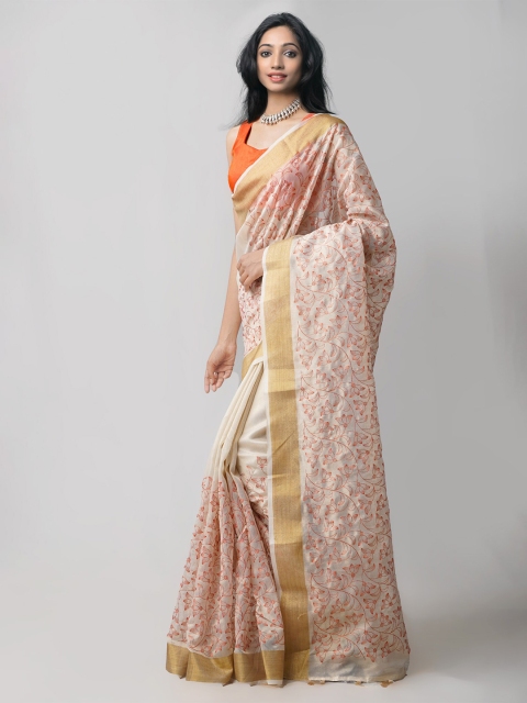 

Unnati Silks Cream-Coloured & Gold-Toned Floral Embroidered Tissue Banarasi Saree