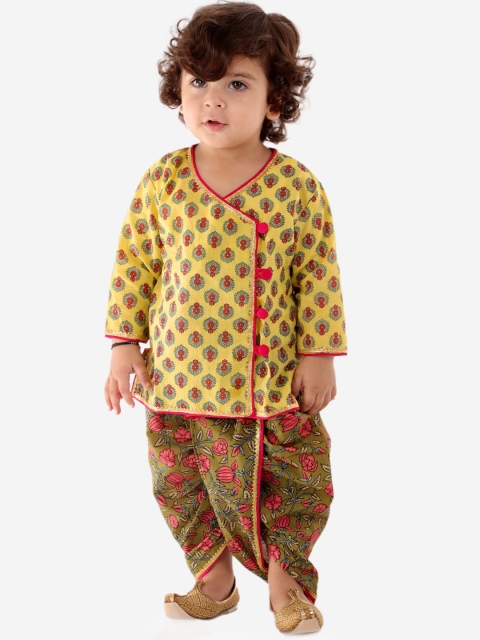 

KID1 Boys Yellow Ethnic Motifs Angrakha Pure Cotton Kurti with Dhoti Pants