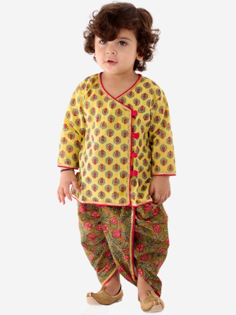 

KID1 Boys Yellow Ethnic Motifs Angrakha Pure Cotton Kurta with Dhoti Pants