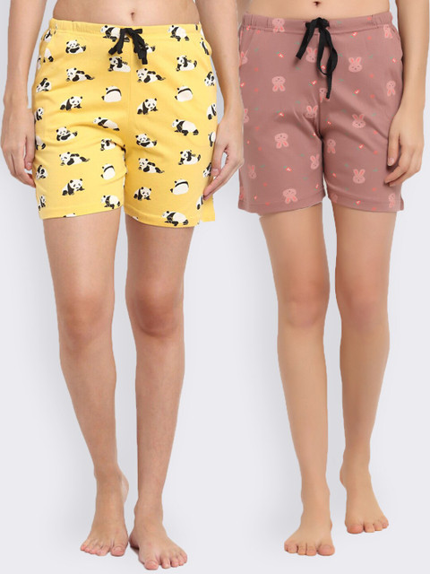 

Kanvin Women Pink & Yellow Set of 2 Printed Lounge Shorts