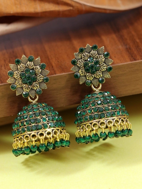 

Crunchy Fashion Green & Gold-Plated Floral Stone-Studded Jhumkas Earrings