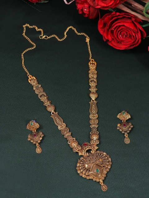 

Crunchy Fashion Gold-Plated Green & Red Stone-Studded Jewellery Set