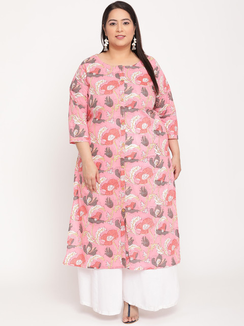 

Sringam Women Pink Floral Printed Plus Size Straight Kurta