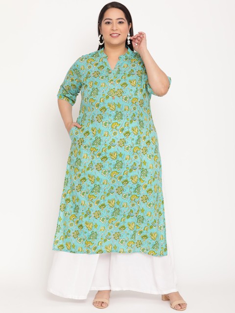 

Sringam Women Green Floral Printed Plus Size Straight Kurta