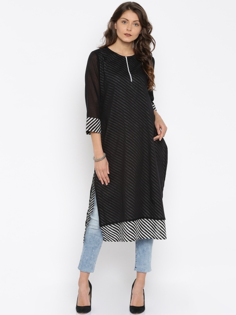 

Jashn Women Black & White Striped Layered Kurta