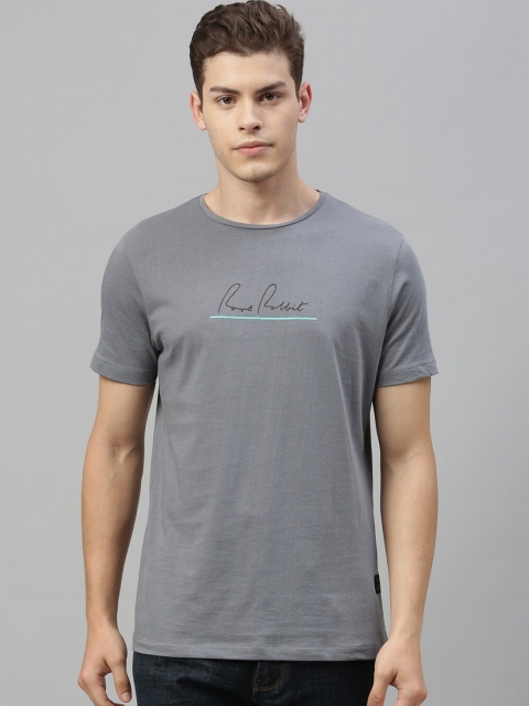 

RARE RABBIT Men Grey Brand Logo Printed Pure Cotton Slim Fit T-shirt