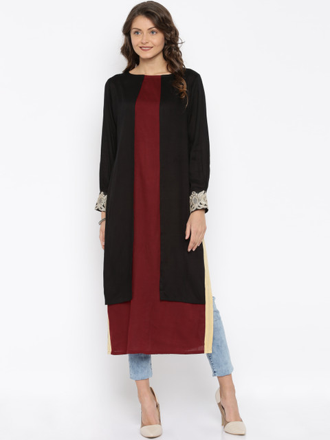 

Jashn Women Black & Maroon Colourblocked Straight Kurta