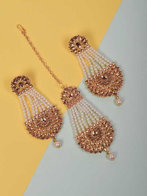 

STEORRA JEWELS Gold-Plated & White Contemporary Chandbalis Earrings With Mangtika