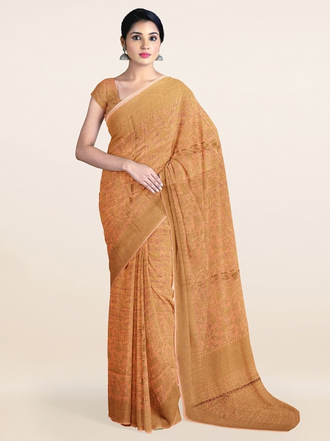 

Pothys Peach-Coloured & Gold-Toned Ethnic Motifs Zari Pure Cotton Saree