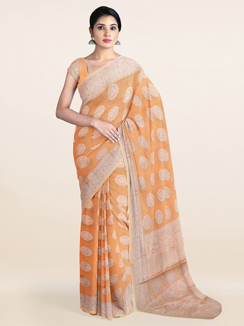 

Pothys Peach-Coloured & Silver-Toned Ethnic Motifs Zari Pure Cotton Saree