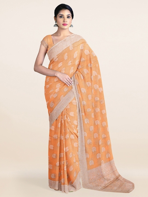 

Pothys Peach-Coloured & Silver-Toned Woven Design Zari Pure Cotton Saree
