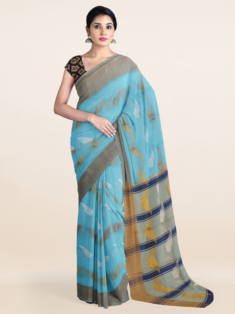 

Pothys Blue & Gold-Toned Woven Design Zari Pure Cotton Saree