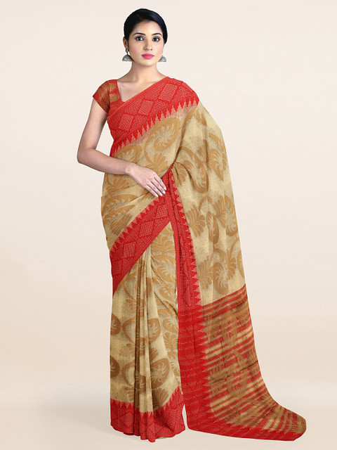 

Pothys Cream-Coloured & Red Ethnic Motifs Zari Saree