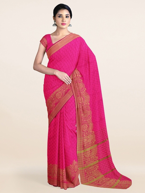 

Pothys Fuchsia & Gold-Toned Ethnic Motifs Zari Cotton Blend Saree