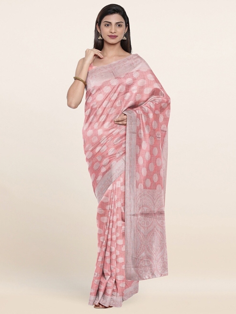 

Pothys Pink & Silver-Toned Ethnic Motifs Zari Pure Cotton Saree