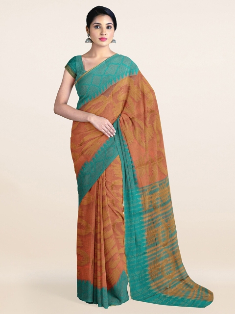 

Pothys Peach-Coloured & Blue Floral Saree