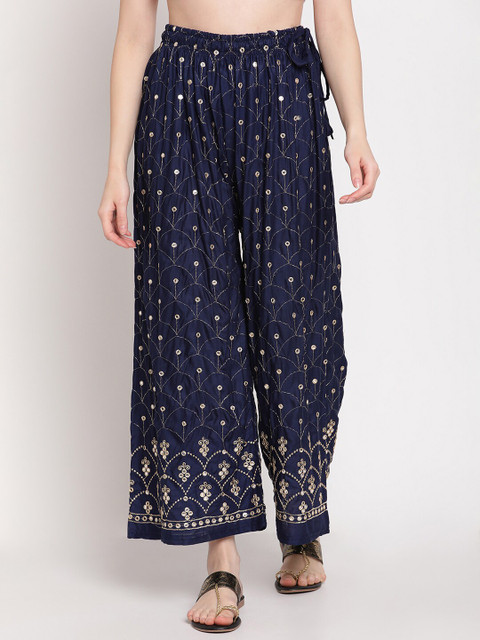 

TAG 7 Women Navy Blue & Gold-Toned Ethnic Motifs Embellished Flared Ethnic Palazzos