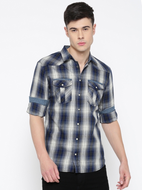 

BLEND Men Navy & Grey Checked Slim Fit Casual Shirt, Navy blue