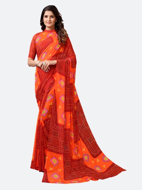 

KALINI Orange & Maroon Printed Bandhani Saree