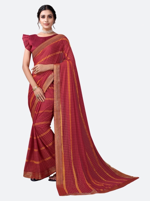 

KALINI Red & Gold-Toned Checked Zari Saree