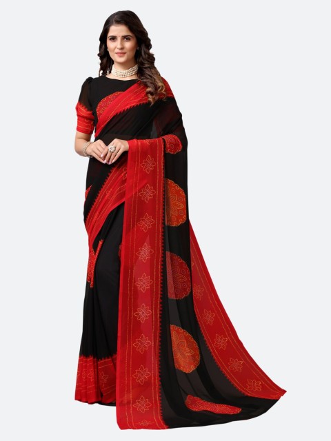 

KALINI Black & Red Ethnic Motifs Printed Poly Georgette Saree