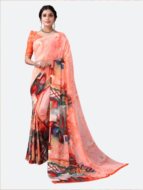 

KALINI Peach-Coloured & Blue Abstract Printed Saree