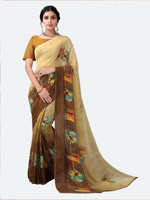 

KALINI Khaki & Cream-Coloured Floral Printed Poly Georgette Saree