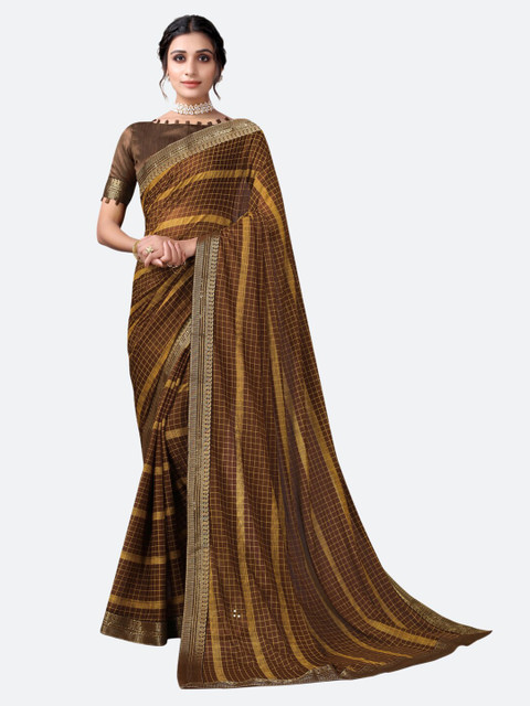 

KALINI Brown & Gold-Toned Checked Printed Poly Silk Saree