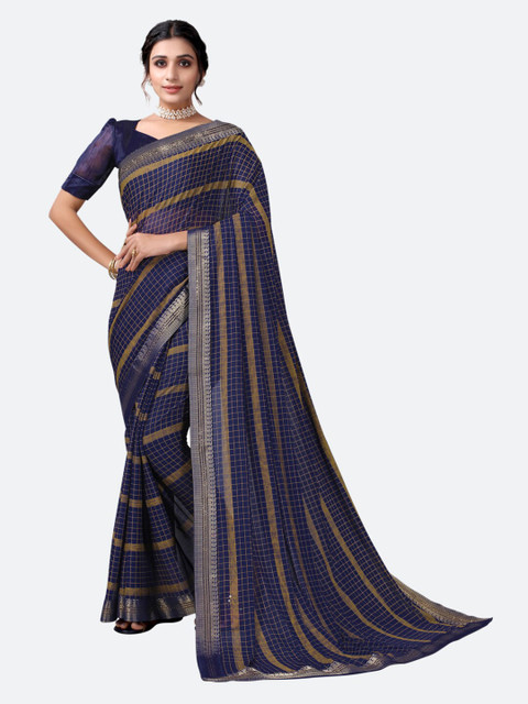 

KALINI Navy Blue Checked Saree