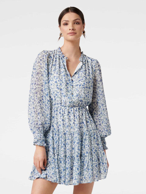 

Forever Women New Off White & Blue Floral Tiered Dress