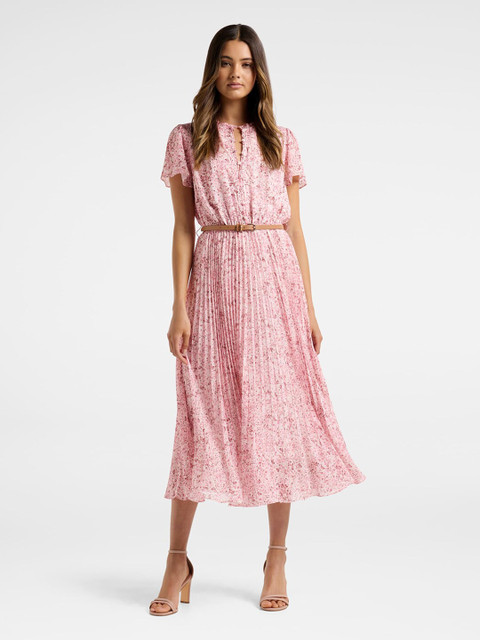 

Forever New Pink Floral Accordian Pleated A-Line Midi Dress