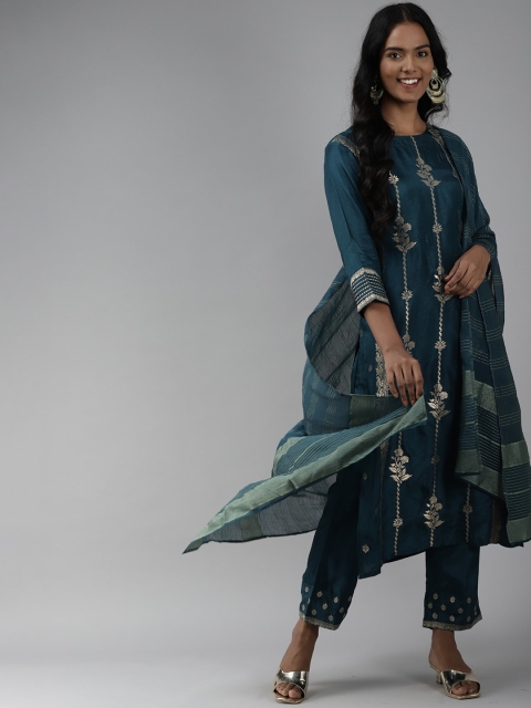 

Indo Era Women Teal Printed Layered Kurta with Trousers & With Dupatta