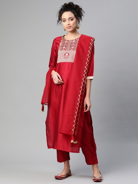 

Indo Era Women Red Floral Yoke Design Panelled Kurti with Trousers & With Dupatta