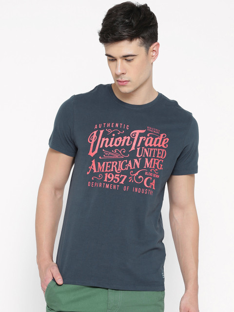 

BLEND Men Navy Printed Slim Round Neck T-shirt, Navy blue