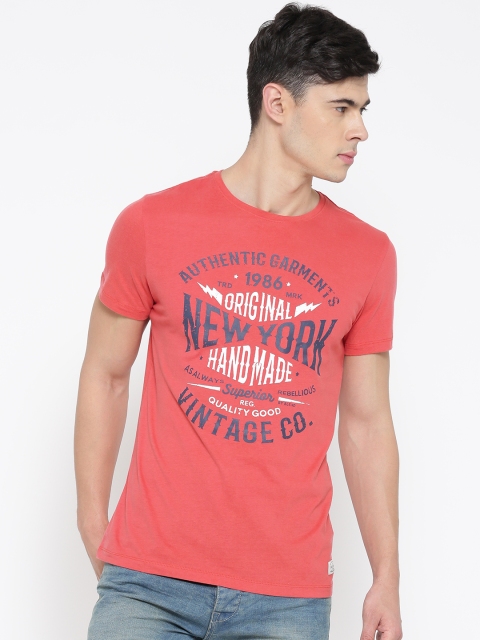 

BLEND Men Coral Red Printed Slim Fit Round Neck T-shirt