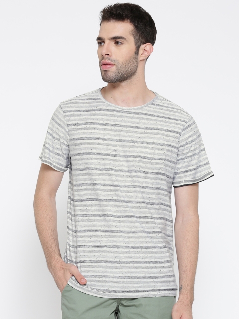 

BLEND Men Grey Melange Striped Round Neck T-shirt